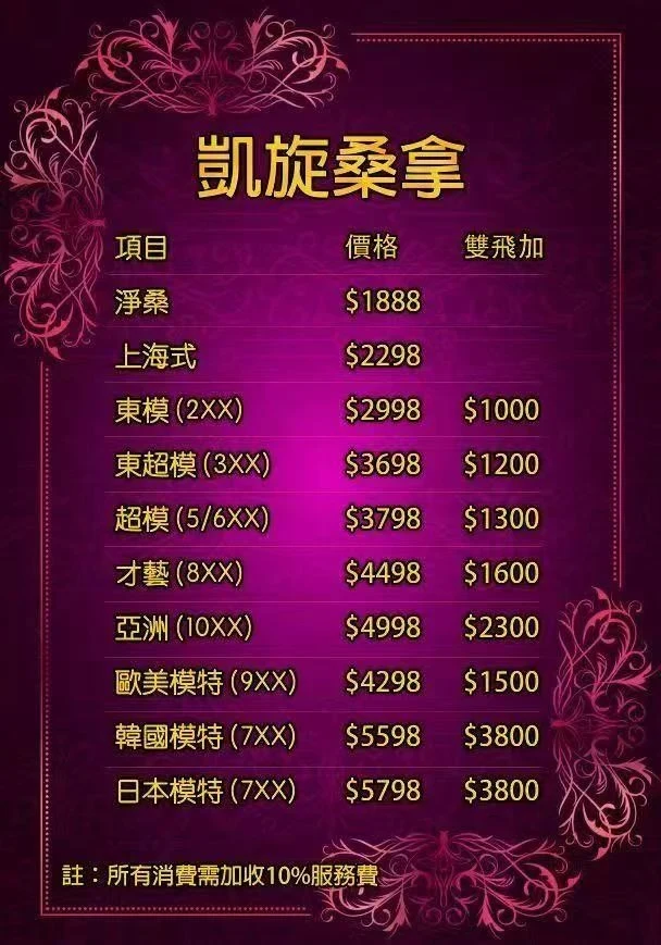 澳門凱旋桑拿官方價目表水單與雙飛加價明細實拍